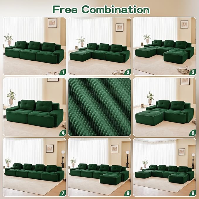 Hommoo Oversized Modular Sectional Sofa 7 Seat Sleeper Sofa Bed Comfy Corduroy Couch with Deep Seat 153”Convertible Boneless Couch with Ottoman for Living Room No Assembly Required Green