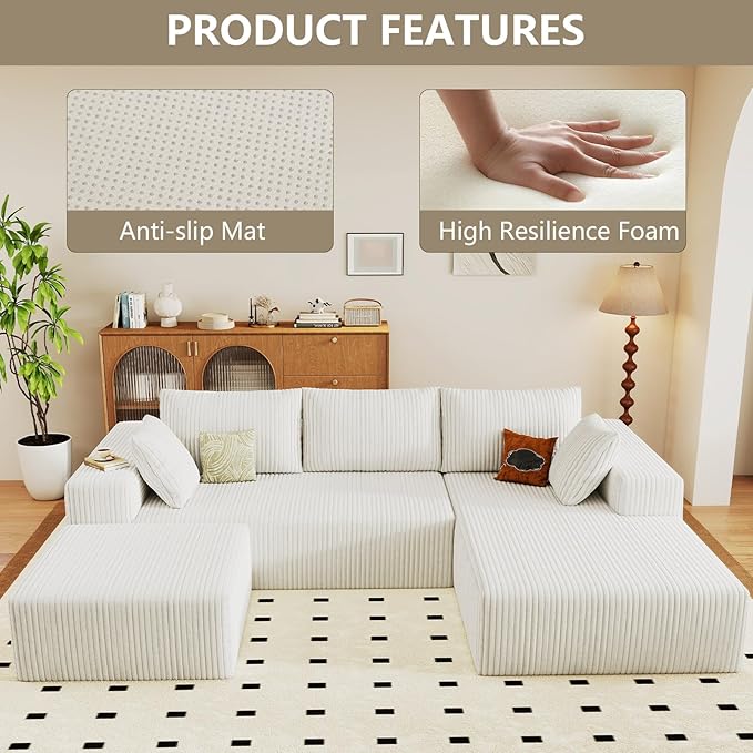 96 Cloud Sectional Couch with U-Shaped Chaise Corduroy Sectional Sofa with Ottoman Boneless Couch with Deep Seat in a Box for Living Room No Assembly Required (White Right Facing Chaise)