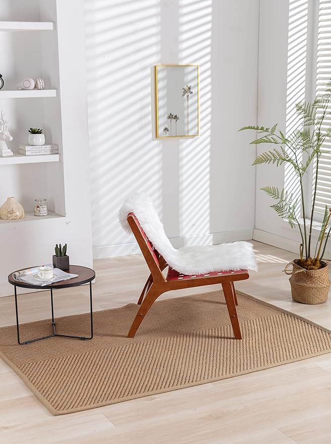 Solid Wood Frame Chair with White Faux Wool. Modern Accent Chair Lounge Chair for Living Room