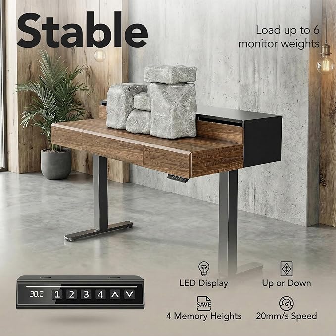 ErGear Electric Standing Desk with 5 Solid Wood Drawers 48 x 26 Inches Whole Piece Desktop with Desktop Riser Stand Compatible with C-Clamp Monitor Arms Modern Office Desk Dark Walnut