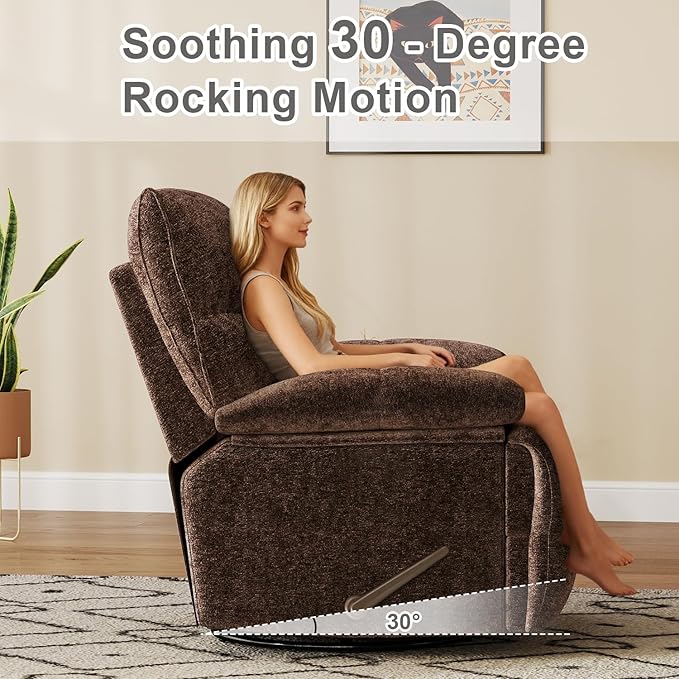 Oversized Rocker Recliner Chair for AdultsOverstuffed 360° Swivel Rocking Recliner Extra Wide Breathable Fabric Manual Reclining Single Sofa for Living Room (Brown)