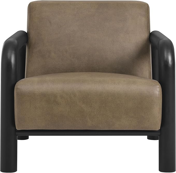 Modway Sereno Modern Vegan Leather Accent Chair in Mushroom Black with Rounded Wood Armrests – Faux Leather Lounge Chair for Living Room or Bedroom