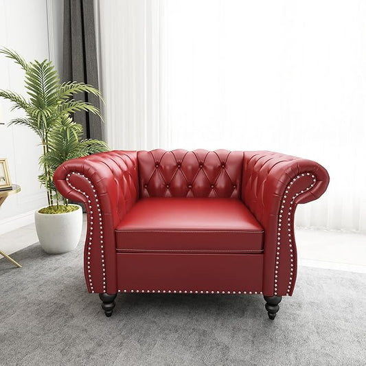 Chesterfield Chair Modern Leather Tufted Accent Sofa Couch Chair with Rolled Arms and Nailhead for Living Room Bedroom Office Apartment (Burgundy)