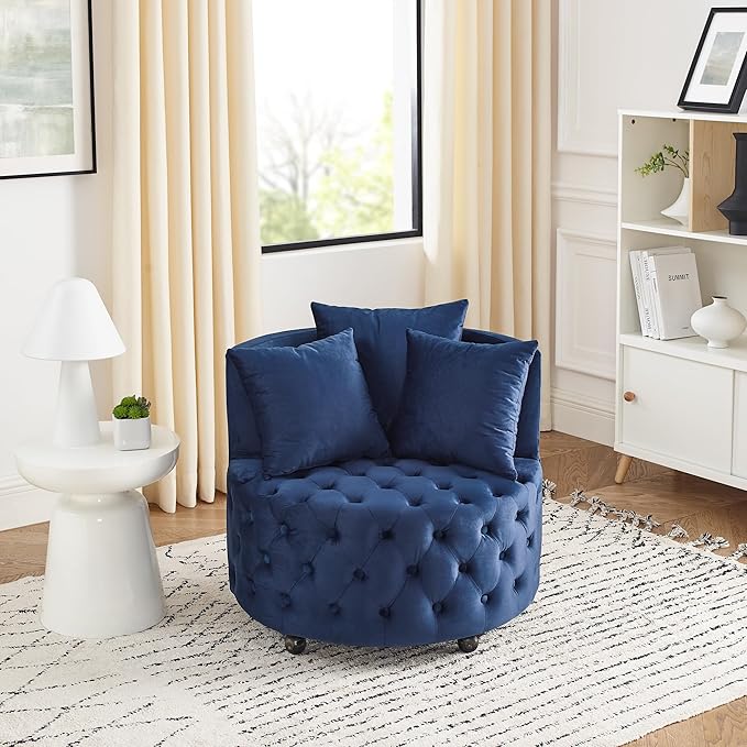 Velvet Upholstered Swivel Chair for Living Room with Button Tufted and Movable Wheels Including 3 Pillows Blue