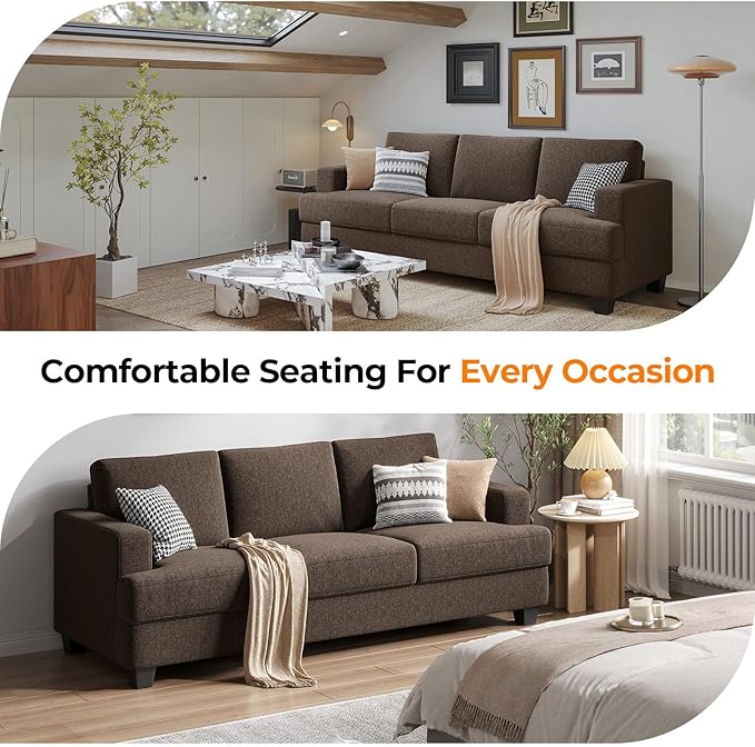 89 Inch Sofa with Extra Deep Seats Oversize 3 Seater Sofa for Living RoomModern Couch and Sofa Comfy Armrests and Seats and Backrests Easy Installation Brown