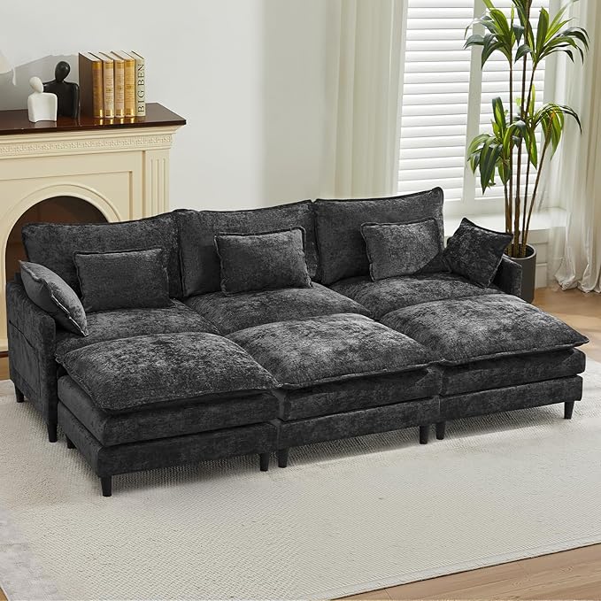 SAMERY 111 U Shaped Couch Cloud Sofa Modular Sectional Couch with 3 Large Ottomans Black 3 Seater Chenille Oversized Deep Seat Sectional Sofa with Pillows for Living Room Bedroom Apartment