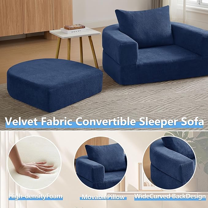 41 Futon Sofa Bed Velvet Futon Couch Convertible Sleeper Floor Sofa Bed Upholstered Couch Reading Chair for Living Room (Blue 41)