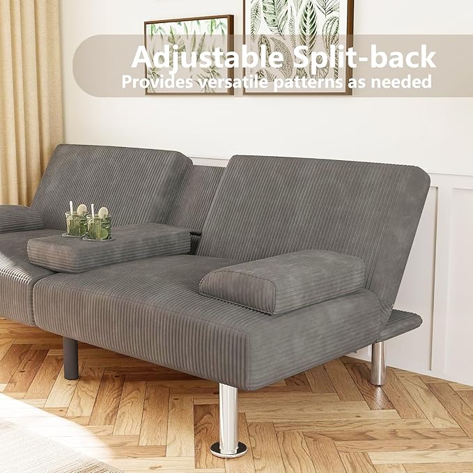 Flamaker Futon Sofa Bed Modern Folding Futon Set Convertible Recliner Lounge for Living Room with 2 Cup Holders Removable Armrests (Corduroy Marble Grey)