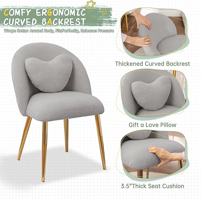 Vanity ChairAccent Makeup Comfy Cute Desk Girls Fluffy Chairs for Bedroom No Wheels Gold Metal Legs Stool (Teddy Grey)