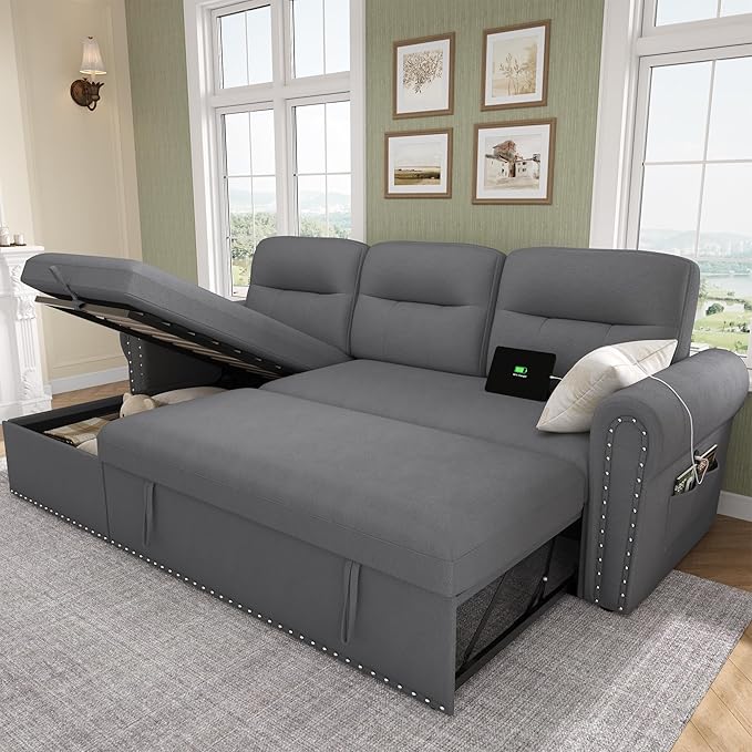 Sleeper Sofa Bed 87'' Sectional Couch with Reversible Storage Chaise &amp Nailhead Armrest Pull Out Couches for Living Room Side Pocket &amp Charging Station Removable Backrest Velvet Fabric D