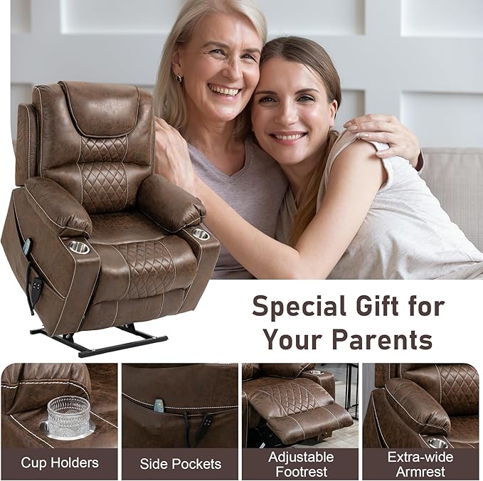 Oversized Power Lift Recliner Chair for Big and Tall 400 LBS 25 Large Electric Recliner Chair with Massage and Heating 180° Lay Flat Zero Gravity Recliner Sofa Leather Coffee Brown