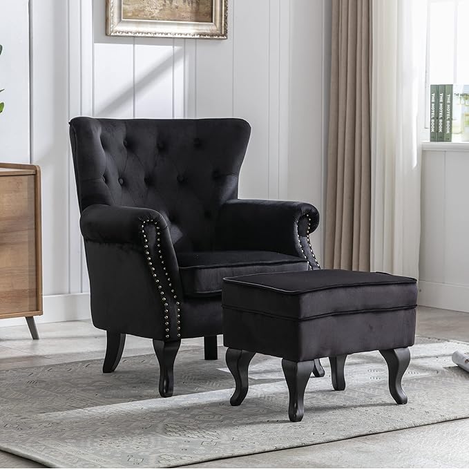 chairus Mid-Century Modern Accent Chairs with Ottoman Set of 2 Comfy Velvet Single Sofa Chair Button Tufted Wingback Armchairs with Pillow for Living Room/Bedroom/Club - Black