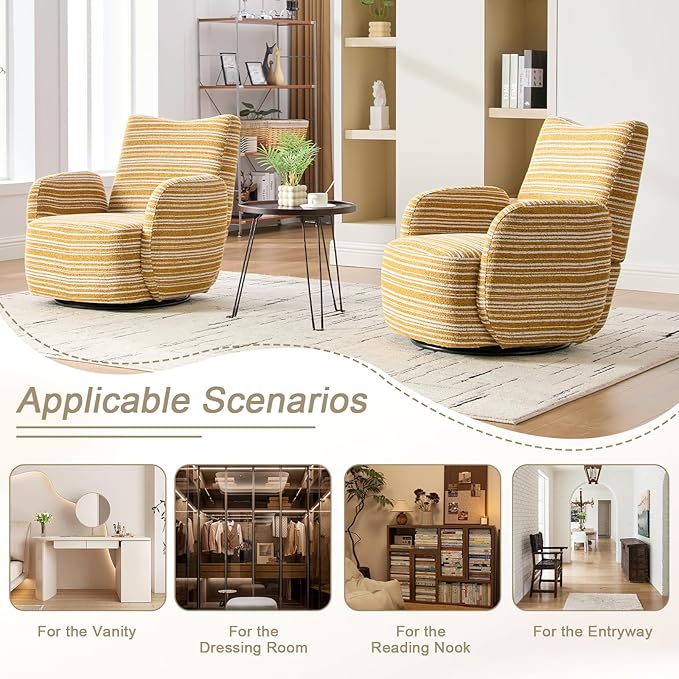 360° Swivel Accent Chair with Armrest Modern Striped Upholstered Lounge Chair Stable Round Base &amp Sturdy Metal Frame Armchair for Bedroom Living Room Office &amp Vanity (Mustard Yellow)