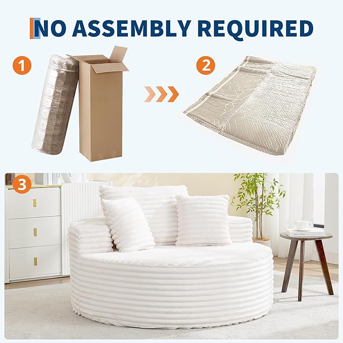 Garvee 55 Round Oversized Chaise Longue Chair Indoor Corduroy Upholstered Boneless Cloud Couch Deep Seat Sleeper Floor Sofa Chair for Living Room Bedroom Apartment White