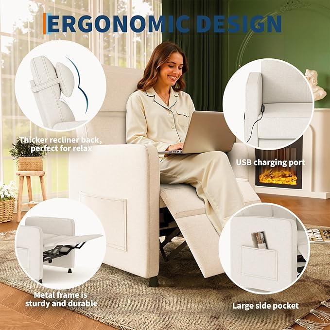 GarveeHome Recliner Chair Electric Reclining Sofa Adjustable Power Recliner Lazy Chair Home Theater Seating with Massage &amp Heat &amp Lumbar Support(Beige)