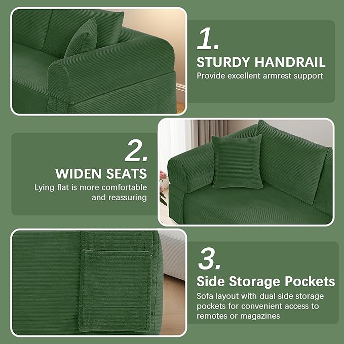 83 Modern Sofa in a Box No Assembly Oversized 3 Seater 28 Deep Seat Cloud Sofa Bed Couch with 4 Furry Pillows &amp Corduroy Fabric Boneless Couch with Side Storage Pockets for Living Room Green