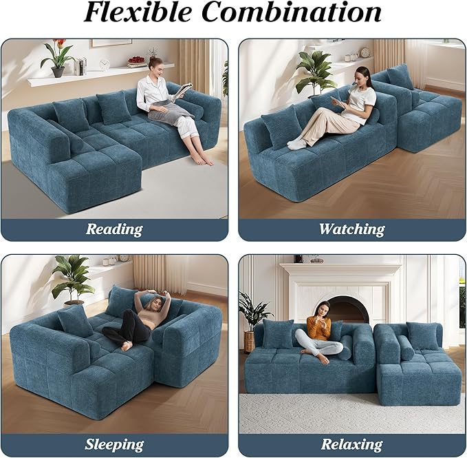 101.2 L Shaped Sofa Cloud Sectional Couch with Deep Seat Modern Boneless Couch with Chaise Memory Foam Couches for Living Room Apartment Office Blue