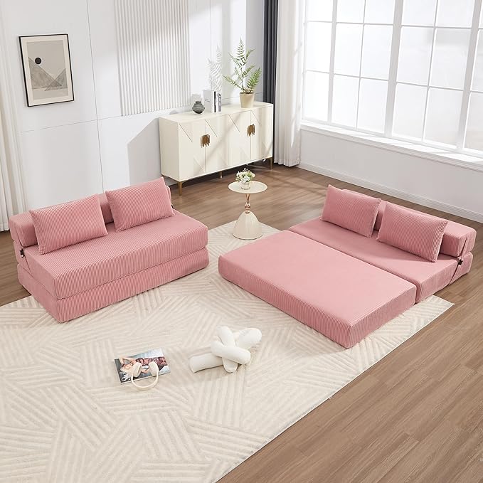 GNIXUU Fold Out Couch 3-in-1 Convertible Futon Sofa Bed with 2 Pillows Corduroy Foldable Floor Chair Boneless Loveseat Couches for Living Room Bedroom Small Spaces Pink