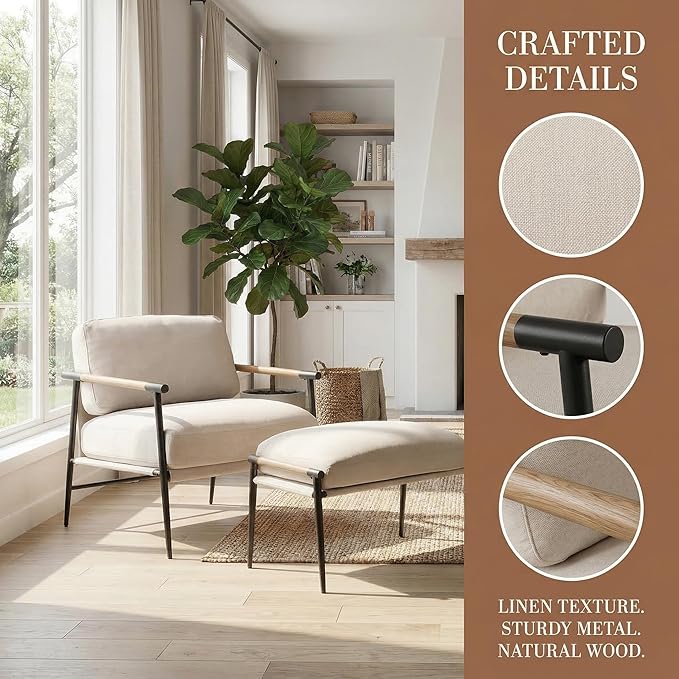 LukeAlon Mid-Century Chenille Accent Chair with Ottoman Soft Living Room Chair with Metal Legs Modern Upholstered Armchair Reading Nook Chair Lounge Leisure Chair with Footstool for Bedroom Beige