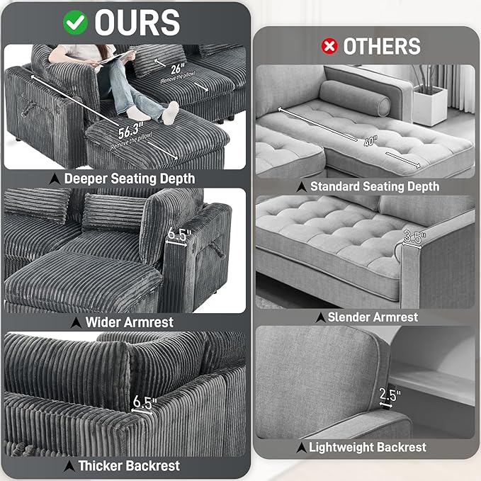 130 Oversized Cloud Couch Large Modular Sectional Sofa Modern U Shaped Sectional Couch 6 Deep Seat Sofa Set for Living Room Comfy Corduroy Cloud Sofa with Ottoman USB Port Cup Holder Dark Grey