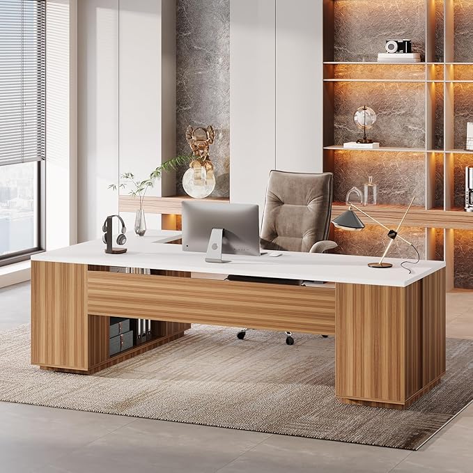 Tribesigns 85.8-Inch L-Shaped Executive Desk Extra Large Modern Office Desk with File Drawers Door Cabinet &amp Shelves Commercial Office Table Home Business Workstation White &amp Brown
