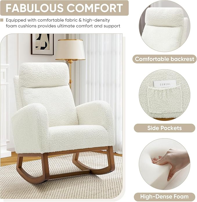Nursery Rocking Glider Chair Modern Fabric Tall Back Accent Rocker Chair Upholstered Arm Chair w/Side Pockets Modern Leisure Single Sofa for Living Room Hotel Bedroom Office Cream