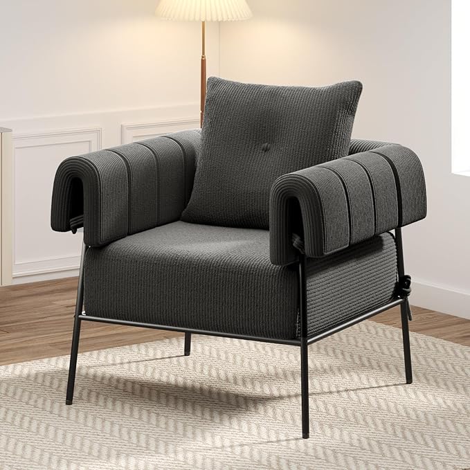 Furniliving Comfy Accent Chairs Modern Chairs for Bedroom with Pillow Lounge Chair Reading Chair with Metal Frame Upholstered Accent Chairs for Living Room Side Chair Soft Cushion Corduroy Grey