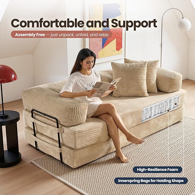 4-in-1 Folding Convertible Sofa Bed 81 Boneless Couch with Pillow Back Support Armrest Corduroy Loveseat Sleeper Compression Couch Floor Sofas Futon for Living RoomBeige
