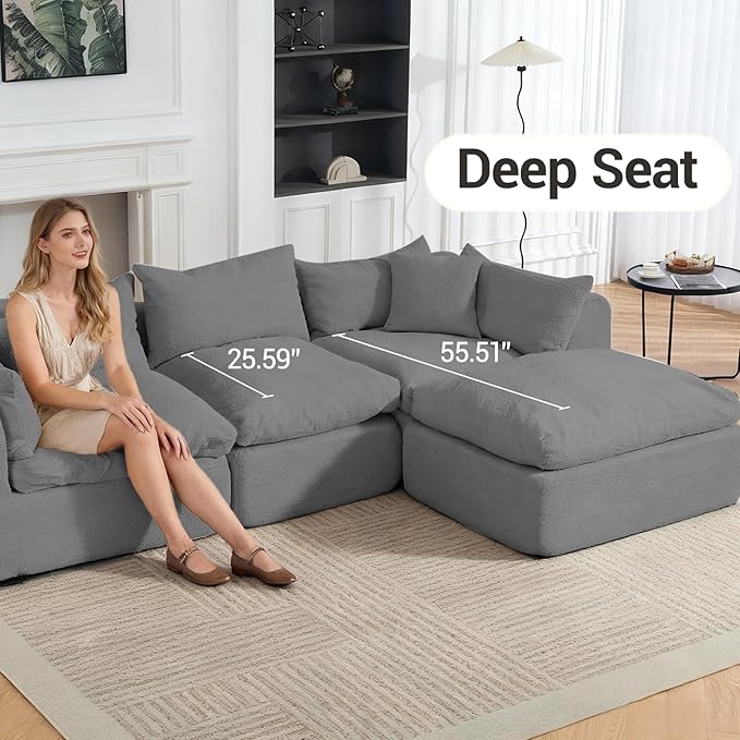 Modular Cloud Couch Sectional Boneless Sofa with Ottoman Deep Seat Fluffy Sectional Couch for Living Room &amp Bedroom No Assembly Required Grey