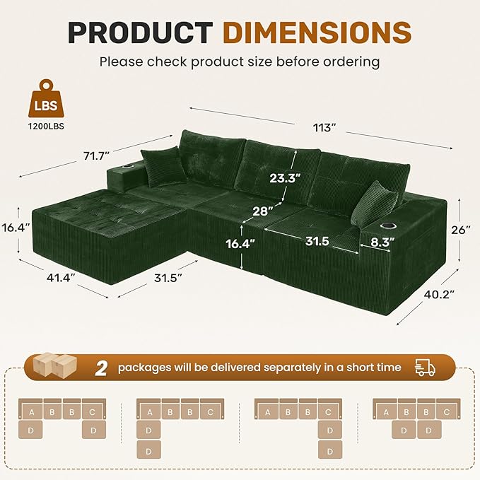 113 Modular Sectional Sofa for Living Room Convertible L-Shape Couch with Ottoman 4 Seater Modular Sectional SofaGreen Corduroy