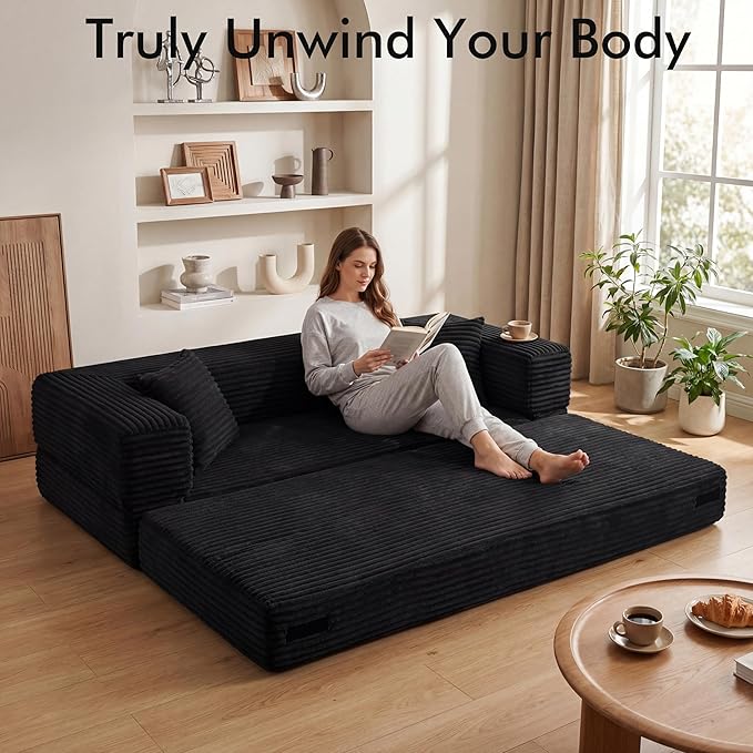 78.8 Convertible Sofa BedFuton Boneless CouchFolding Pull Out Futon Sofa (Black) | Convert to bed Storage Pocket No Assembly Corduroy Fabric Family size Ease of assembly