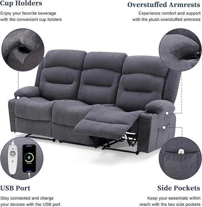 Oversized Recliner Sofa with Heat and Massage Wall-Hugger Reclining Sofa with Cup Holders and USB Port Big Large 3-Seater RV Recliner Couch Sofa for Living Room (Fabric Grey)
