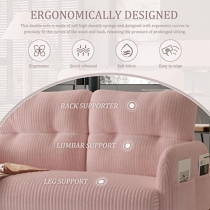 Modern Living Room Loveseat Sofa Two-Seater Settee Upholstered Corduroy Fabric Armchair Love Seat Sofa Chair with Side Pocket and Wood Legs for Bedroom/Office/Reading Spaces (Pink)