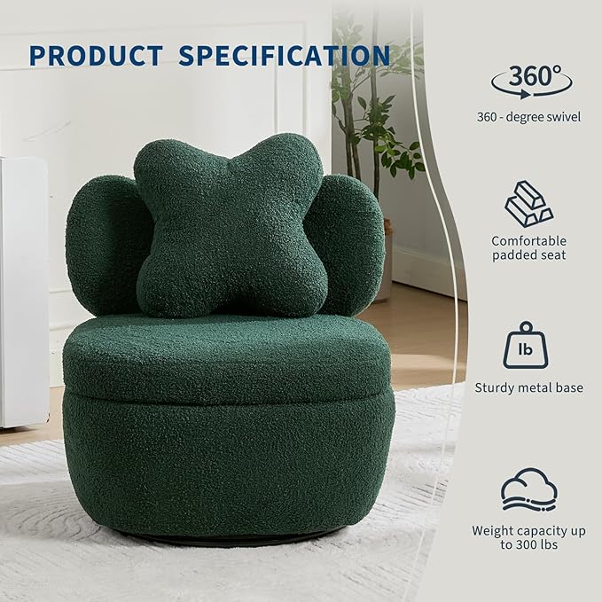 Teddy Velvet Swivel Accent Chair with Storage 360° Rotating Ergonomic Single Chair Scratch-Resistant Comfy Sofa for Living Room Bedroom Small Space Holds 300 LBS Green