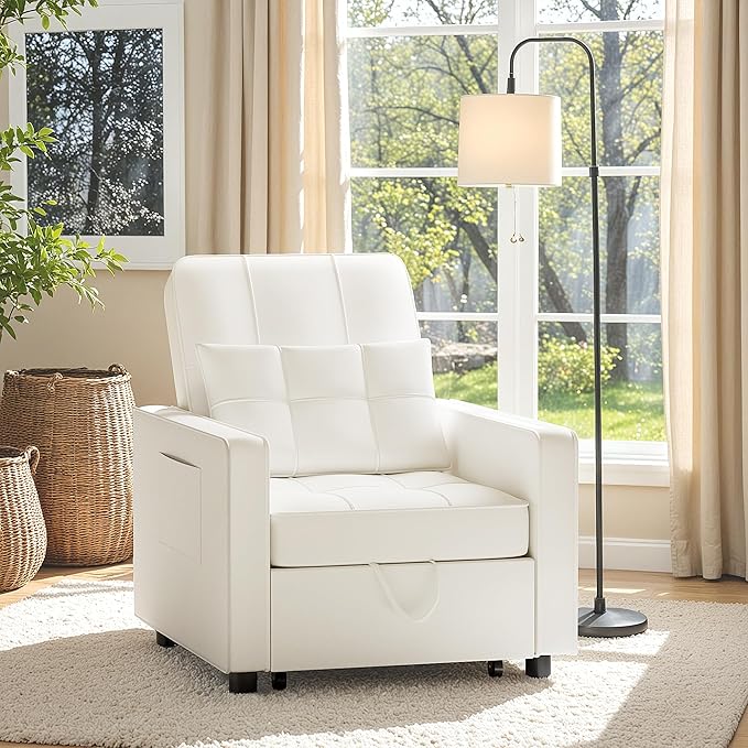 Flamaker Sofa Bed Sleeper Sofa 3-in-1 Adjustable Couch Bed with Modern Linen Fabric Convertible Sleeper Chair Couches for Living Room Apartment and Small Space (Bright White)