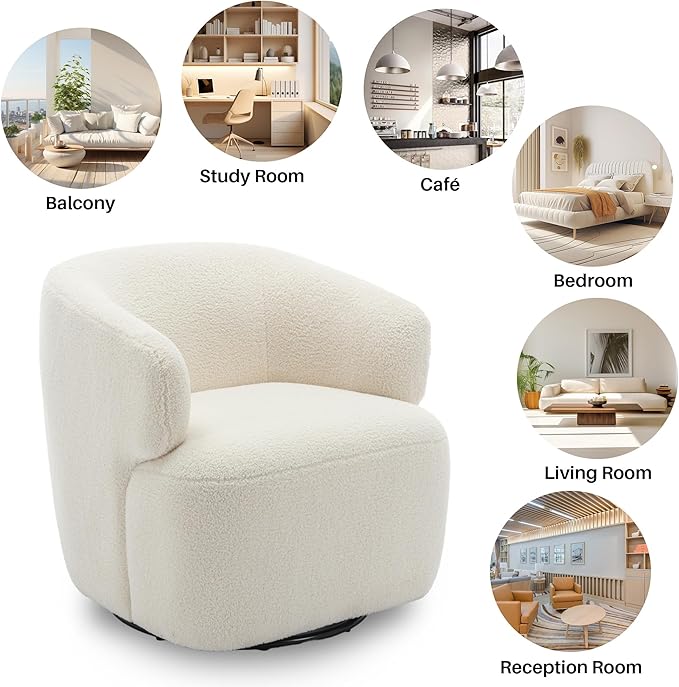 Swivel Accent Chair Sherpa Teddy Barrel Chair for Living Room Cozy Round Boucle Arm Chair Metal Base for Club Nursery Bedroom Beige Cream White