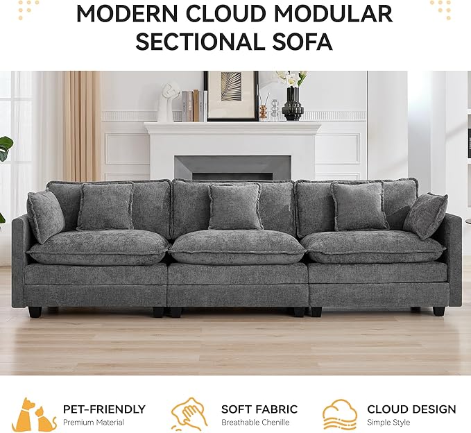 111'' Sectional Cloud Deep Seat Couch Modern Comfy Chenille Modular Sectional Sofa for Living Room Set Upholstered Modular 3-Seats Sofa Couch Grey