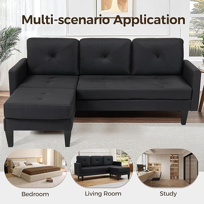 Small L Shape Couch 3 Seat Convertible Couch for Apartments with Ottoman Sectional Sofa for Small Spaces Black Modular Sleeper Sofa for Living Room Office