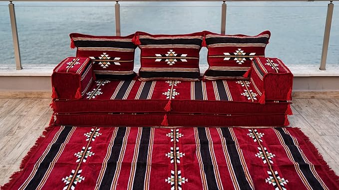 arabicsofa Maroon Turkish Low Floor Seating Sofa – Traditional Arabic Majlis Cushions