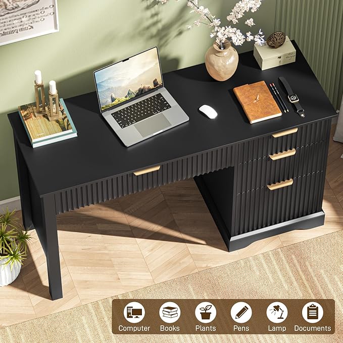 Vabches Fluted Executive Desk with Drawers Wood Computer Desk with Ample File Drawer Home Office Desk with Storage for Study Bedroom Living Room Black