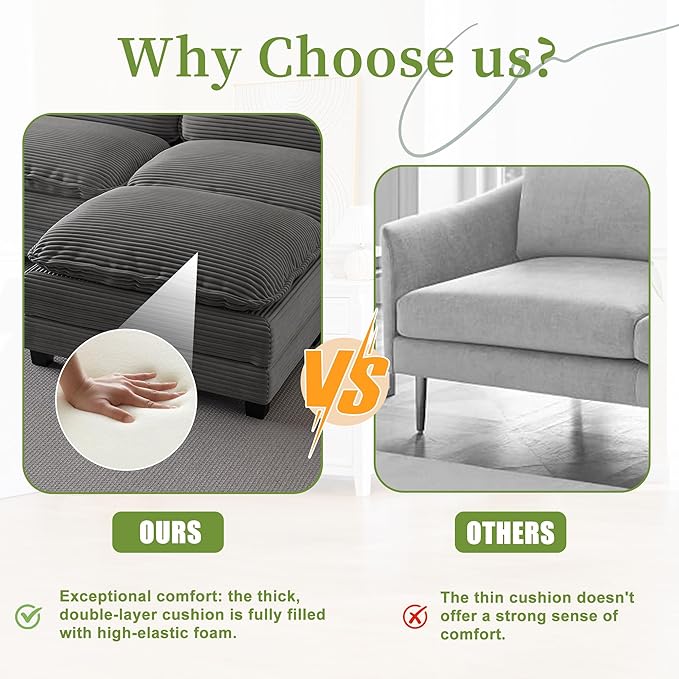 113 Cloud Sectional Couch Modular L Shaped Sofa with Movable Ottoman Comfy Corduroy Deep Seat Sofa with Cup Holders Storage Bags Couches for Living Room