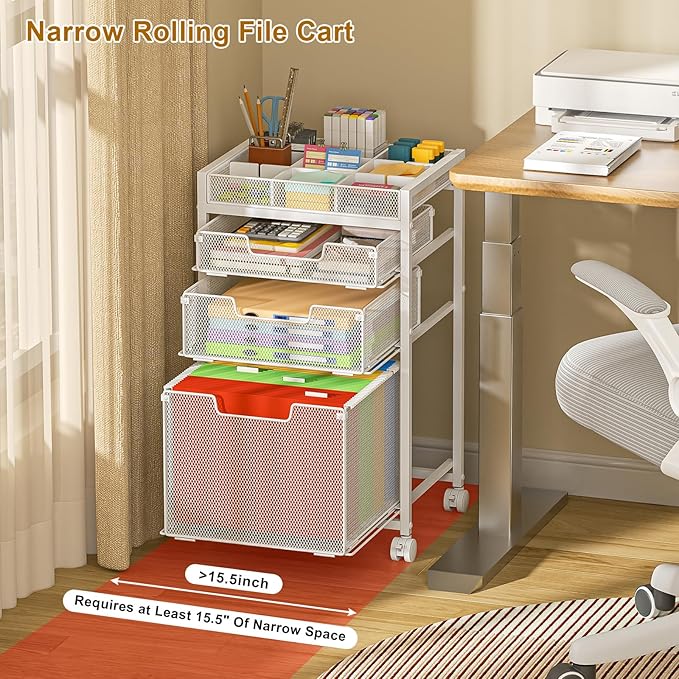 Rolling File Cart with 3 Storage Drawers Under Desk Filing Cabinet with DIY Divider Hanging File Folder Organizer on Wheels Fits A4/Letter Size Metal Utility Cart for Home Office White