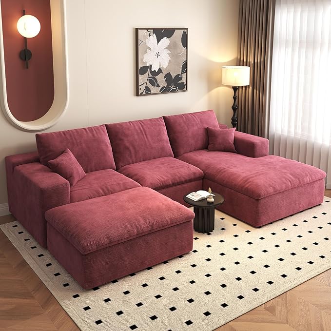 107'' U-Shaped Modern Modular Sectional Cloud Couch Whit Ottoman 4-Seat Chenille Deep-Seat Sofa with Pillow for Living Room Bedroom Apartment Wine Red