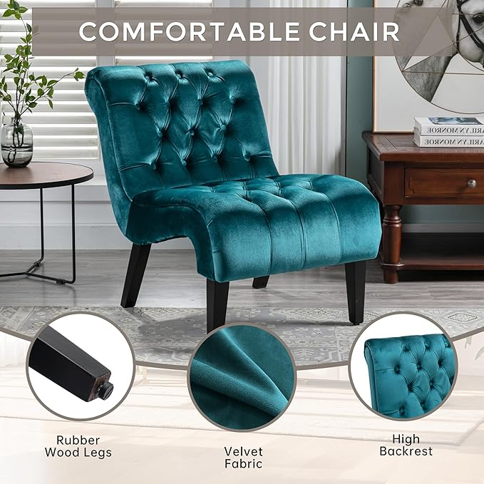 Modern Velvet Armless Accent Living Room Chair Leisure ChairUpholstered Fabric Button Comfortable Chair with Wooden Legs for Bedroom Living Room Office (Teal Velvet)
