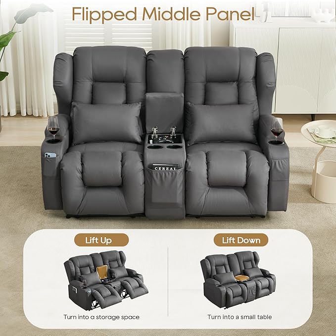 DRMBOOK RV Loveseat Recliner Sofa Double Wall Hugger Reclining Couches Manual Reclinable Movie Seating 2 Person Recliner for Travel Trailer (Leathaire Grey 2 Seater with Standard Console)