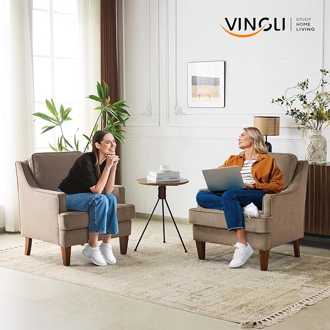 VINGLI Mid-Century Accent Chairs Set of 2 Light Brown Upholstered Armchair Comfy Sofa Chairs Reading Chair High Back Living Room Bedroom Furniture for Apartment