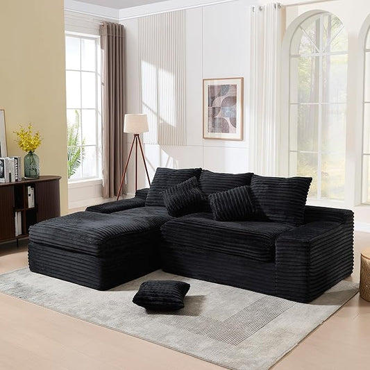 99 Cloud Modular Sectional CouchL-Shape Sofa Couch with Deep SeatModern Boneless Compressed Sofa with Chaise3 Seater Corduroy Couches for Living Room Bedroom No Assembly Required (Black)