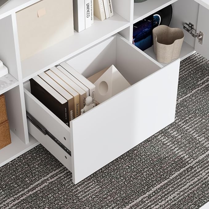 WOODTIME U-Shaped Electric Standing Desk with Drawer Doors &amp Open Shelves Height Adjustable Home Office Computer Stand up Desk with Storage White