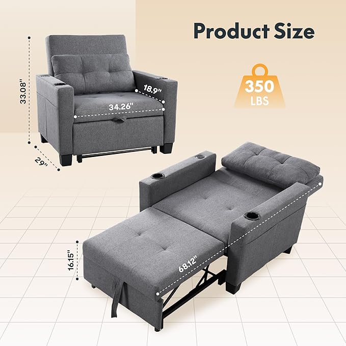 FLEXISPOT XCT2 Sleeper Chair Bed Sofa Bed Chair 3 in 1 w/USB Port Pillow Cup Holders Convertible Pull Out Bed W/Adjustable Backrest for Living Room Apartment Small Space Grey
