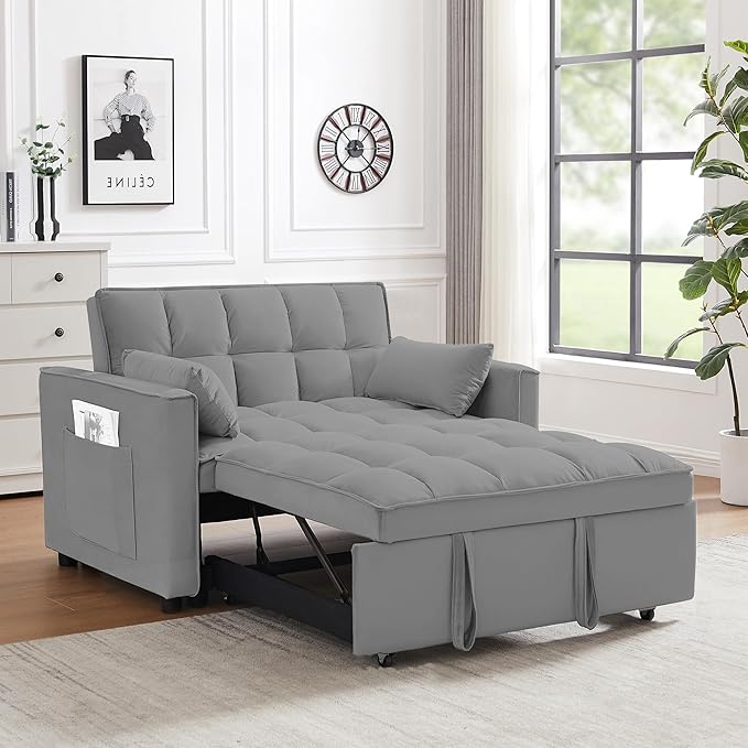 53.5 3-in-1 Convertible Sofa Bed Loveseat Couch With Pull-Out Bed Side Pockets And Adjustable Backrest Suitable For Living Rooms Apt And Offices Velvet Fabric Recliner SofaS Bed(gray 53.5)